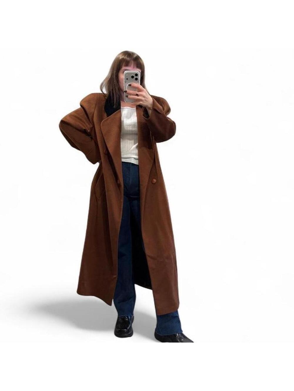 Vintage 80s Brown Wool Maxi Coat Black Velvet Collar